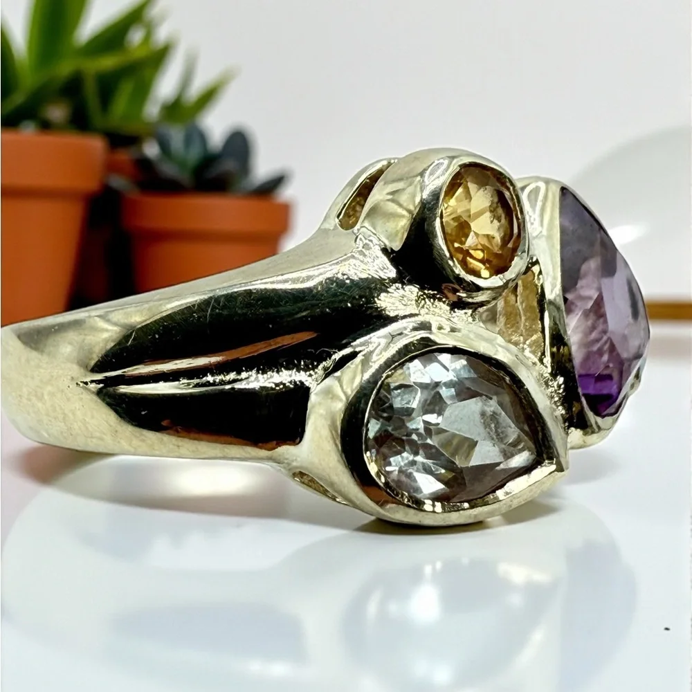 Sterling Silver Multi-Gemstone Ring – Amethyst, Citrine & Topaz – Size 6